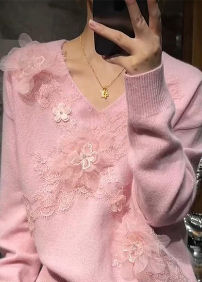 Pink V Neck Nail Bead Cotton Knit Sweaters Fall