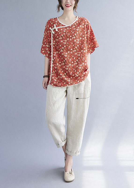 Stylish Orange Retro Print Loose Fall Shirt Half Sleeve Top