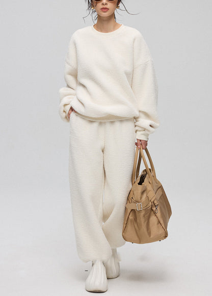 Loose White O-neck Button Teddy Faux Fur Three Pieces Set Winter