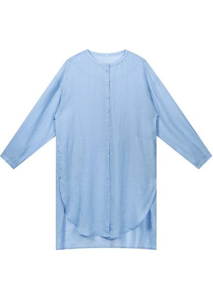 Handmade Blue Asymmetrical Linen Blouses Spring