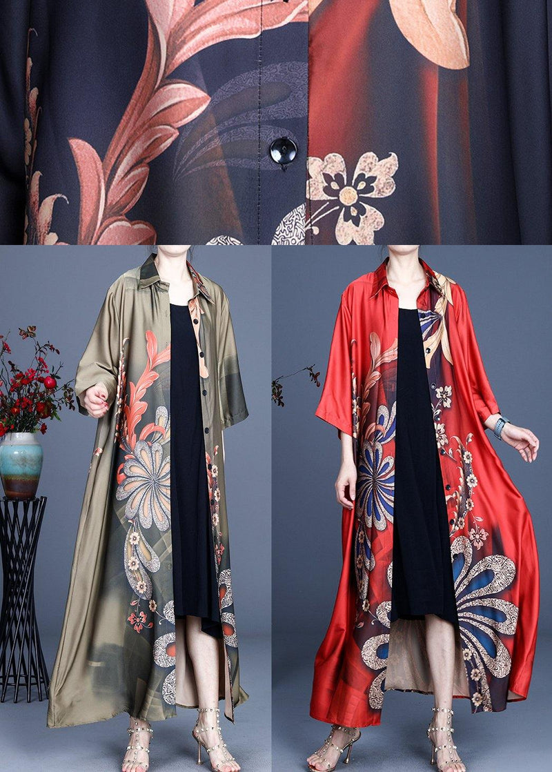 Black Print Button Silk Cardigan Long