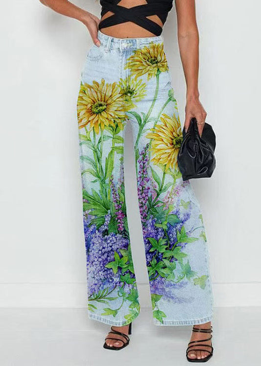 French Light Blue Print High Waist Crop Pants Spring