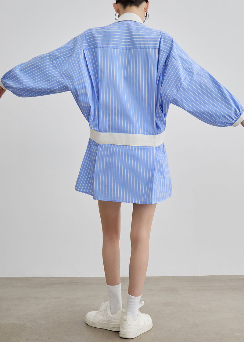 Art Blue Striped Bow Side Open Patchwork Cotton Blouses Dresses Fall