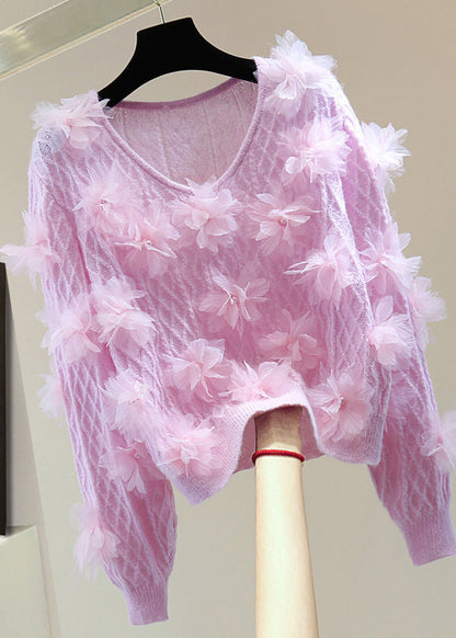 Purple V Neck Nail Bead Cotton Knit Sweaters Winter