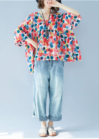 Flare Sleeve V Neck Patchwork Print Fall Blouse Tops