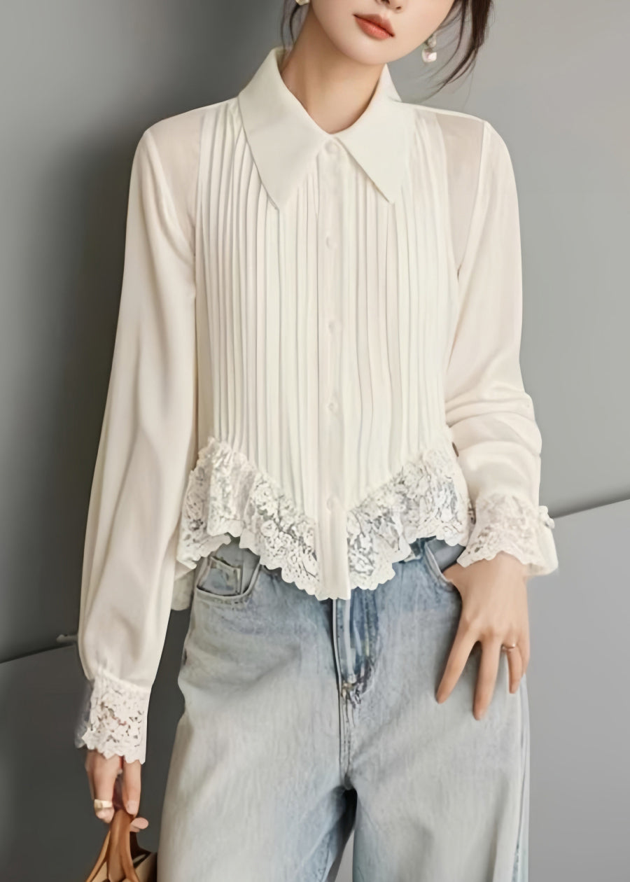 Art White Button Lace Chiffon Blouses Spring