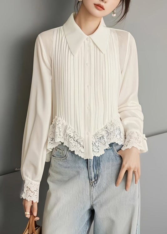 Art White Button Lace Chiffon Blouses Spring