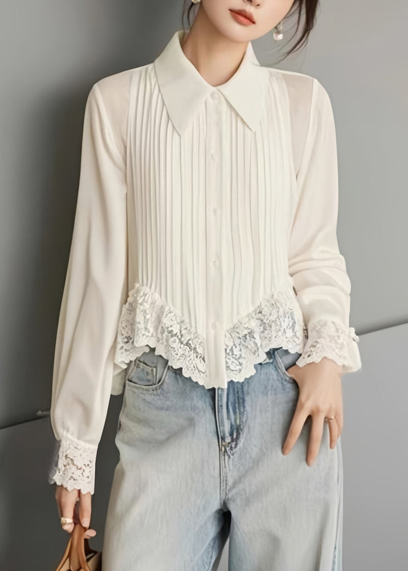 Art White Button Lace Chiffon Blouses Spring