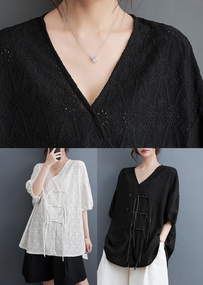 Black Low High Design Button Lace Top Short Sleeve