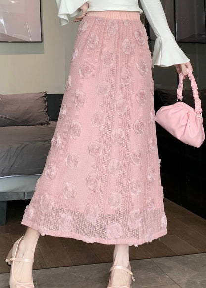 French Pink Decorated High Waist Cotton Skirt Spring