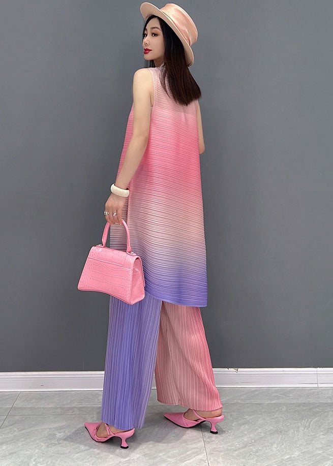 Pink Gradient Color O-neck Wrinkled Linen Two Pieces Set Sleeveless