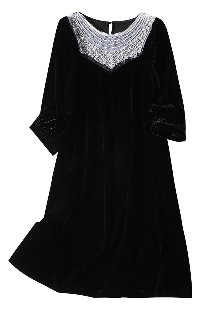 Fine Black O-neck Lace Patchwork Velour Mid Dress Spring