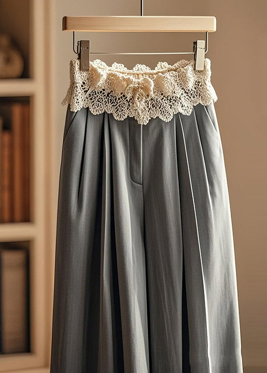 Grey Wrinkled Patchwork Lace Wide Leg Pants Fall