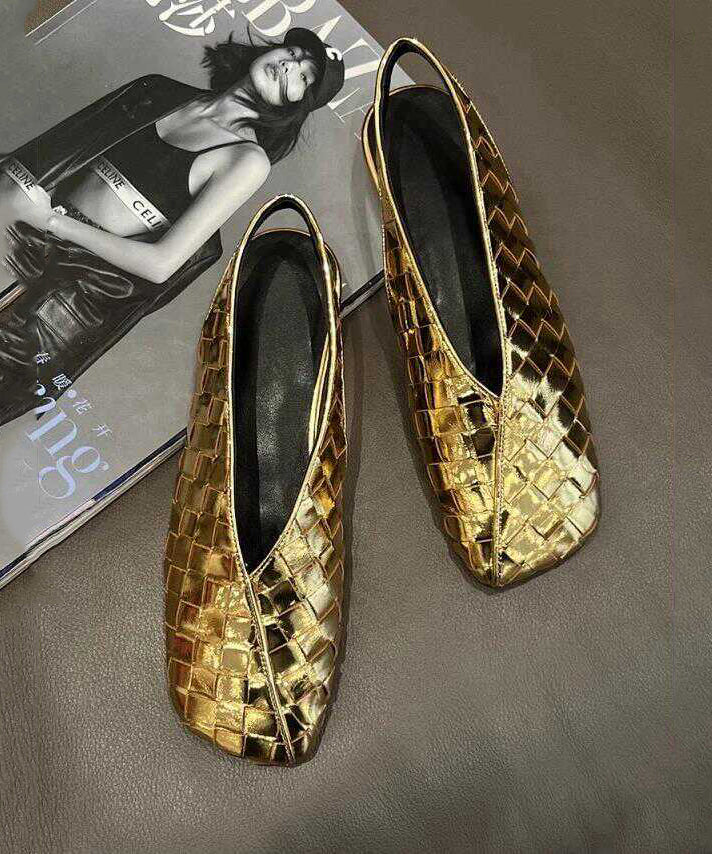 Gold Cowhide Leather Walking Sandals Square Toe