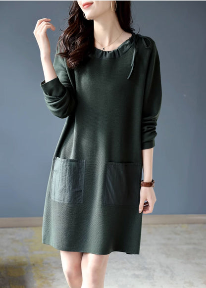 Blackish Green Oversized Drawstring Cotton Dress Spring