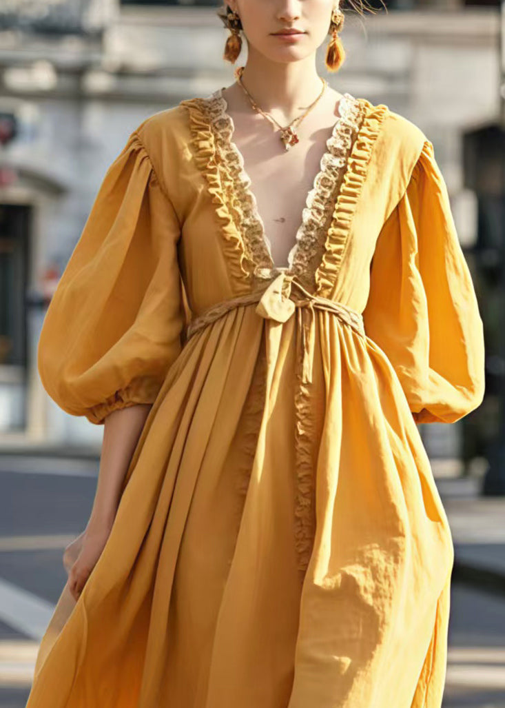Yellow V Neck Ruffled Cotton Party Dress Lantern Sleeve