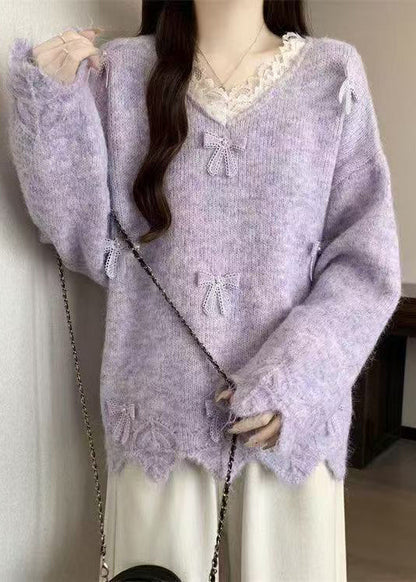 Purple V Neck Lace Bow Knit Sweater Tops Winter
