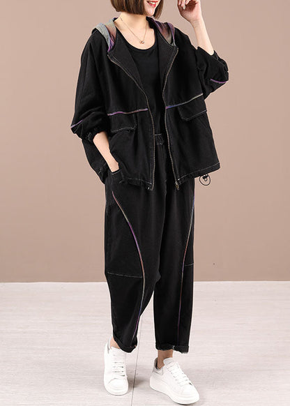 Loose Hooded Zippered Fall Two Pieces Set