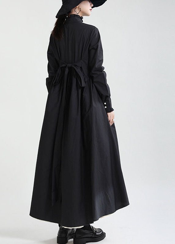 Black Button Patchwork Asymmetrical Design Fall Dresses Long Sleeve