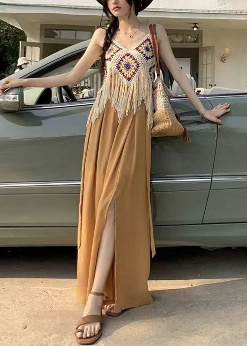 Apricot Hollow Out Tasseled Strap Tank Summer
