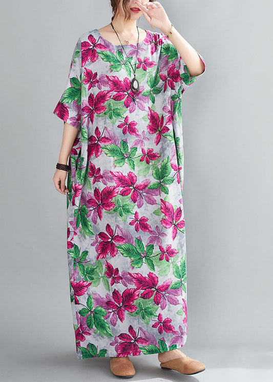 Italian Red O-neck Oversized Print Linen Long Dresses Gown Half Sleeve