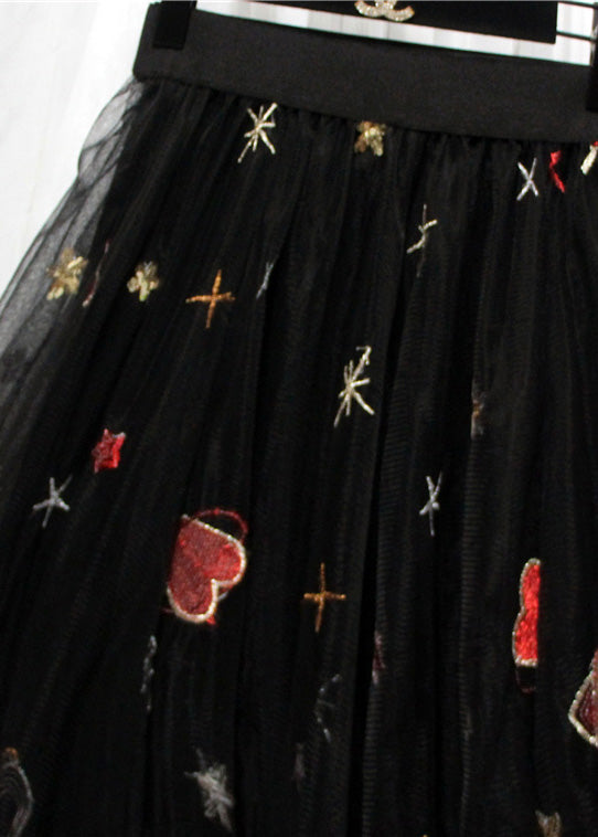 Black Hearts Embroideried Sequins Tulle Long Skirt Spring