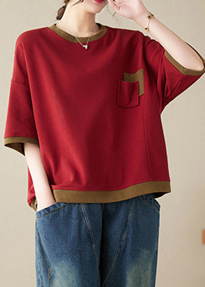 Loose Red O-neck Patchwork Tops Half Sleeve