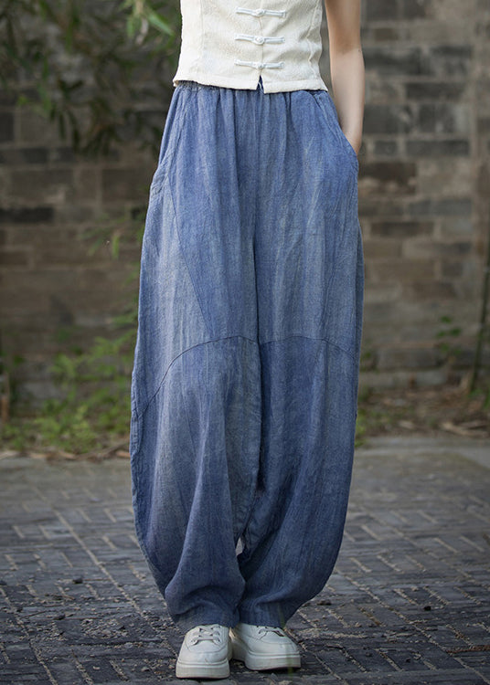 Blue Pockets High Waist Linen Summer Pants