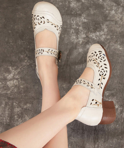 Chocolate Chunky Heel Cowhide Leather Hollow Out Splicing Buckle Strap