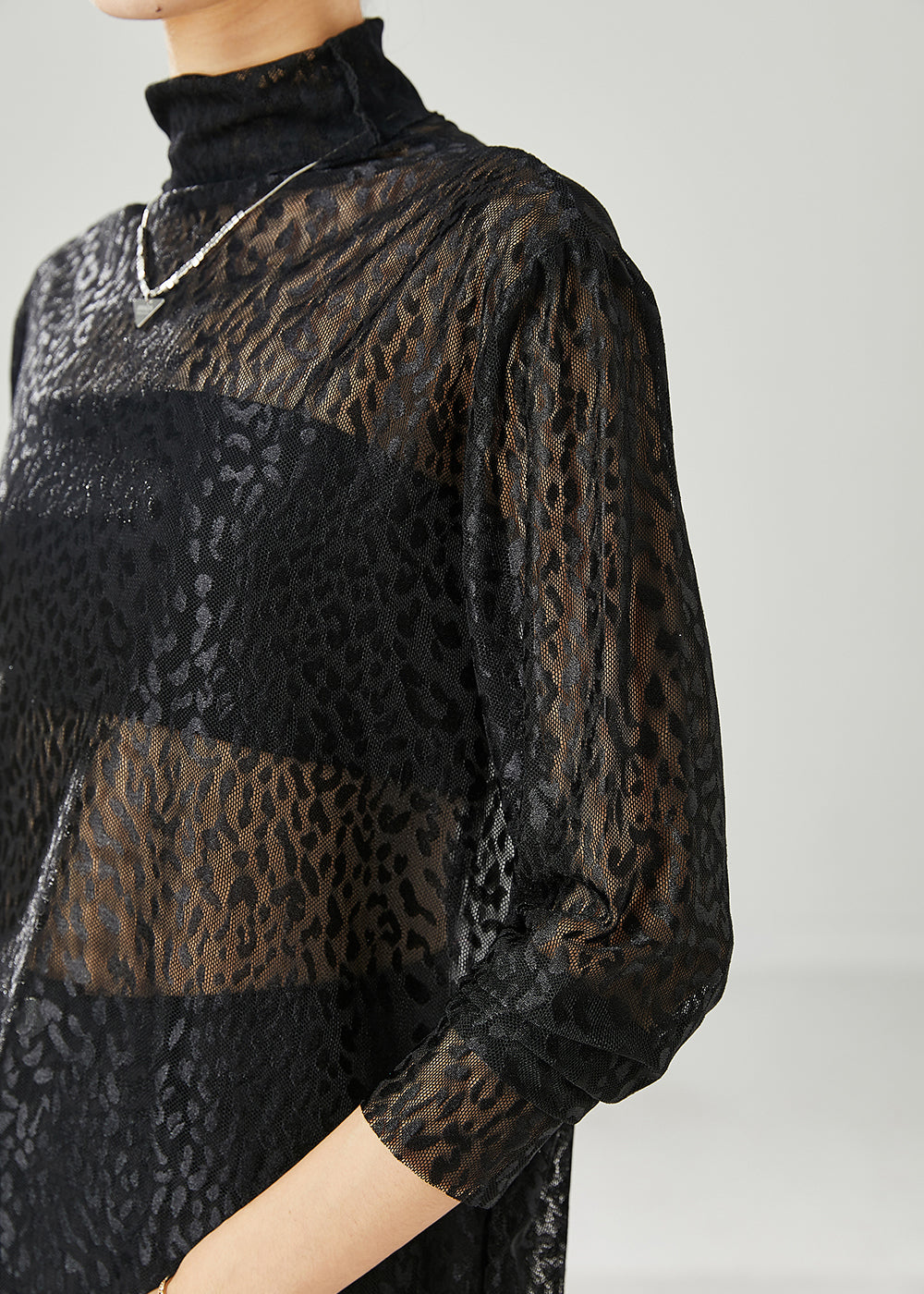 Black Turtle Neck Hollow Out Tulle Top Spring