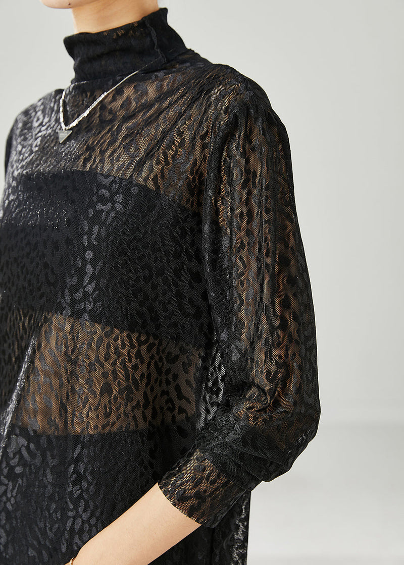 Black Turtle Neck Hollow Out Tulle Top Spring
