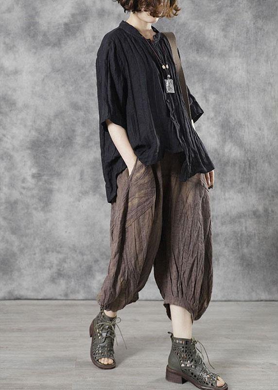 Style Black Button Stand Collar Asymmetrical Design Fall Half Sleeve Blouse Top