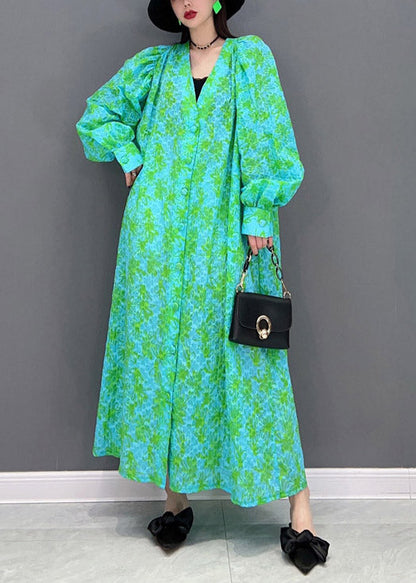 Green V Neck Print Button Shirt Dress Long Sleeve