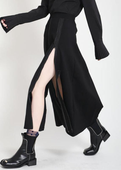 Modern Black High Waist Zippered Asymmetrical Design Patchwork Fall Skirt