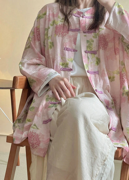 Pink Print Chinese Button Cotton Shirts Long Sleeve