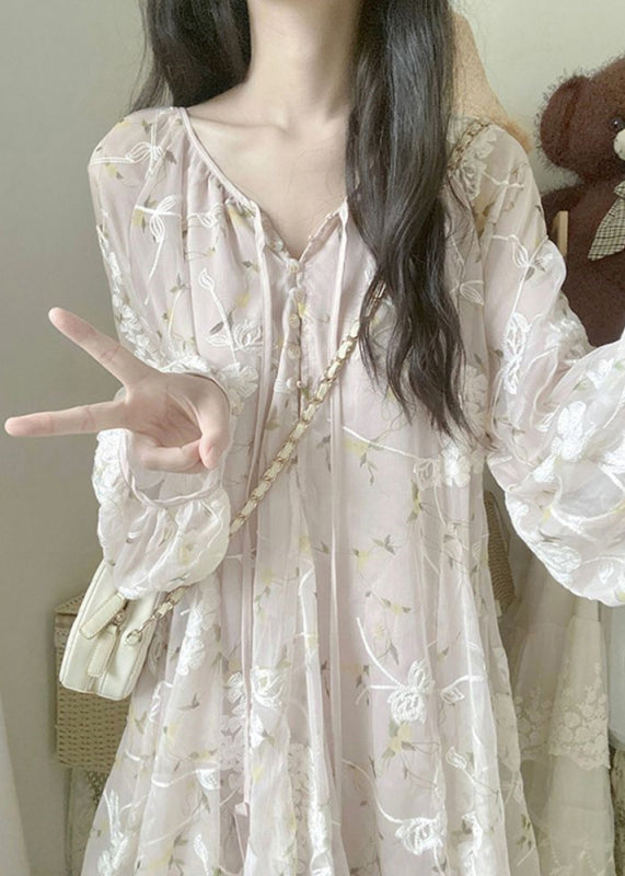Apricot V Neck Embroidered Silk Mid Dress Lantern Sleeve