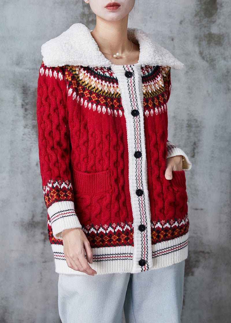 Red Peter Pan Collar Print Knit Cardigan Spring