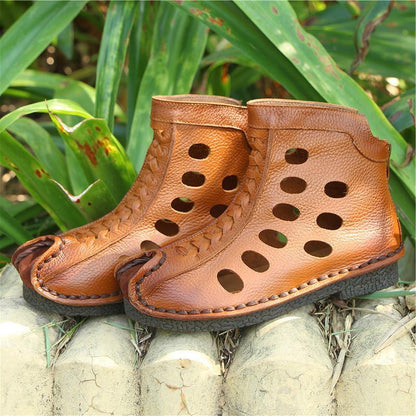 Hollow Out Boots Brown Cowhide Leather