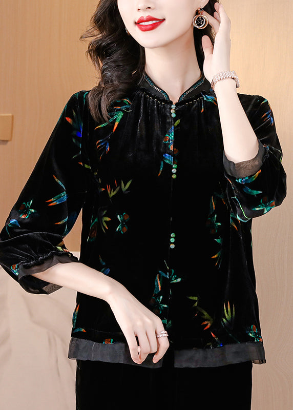 Black Stand Collar Print Silk Velour Shirts Spring