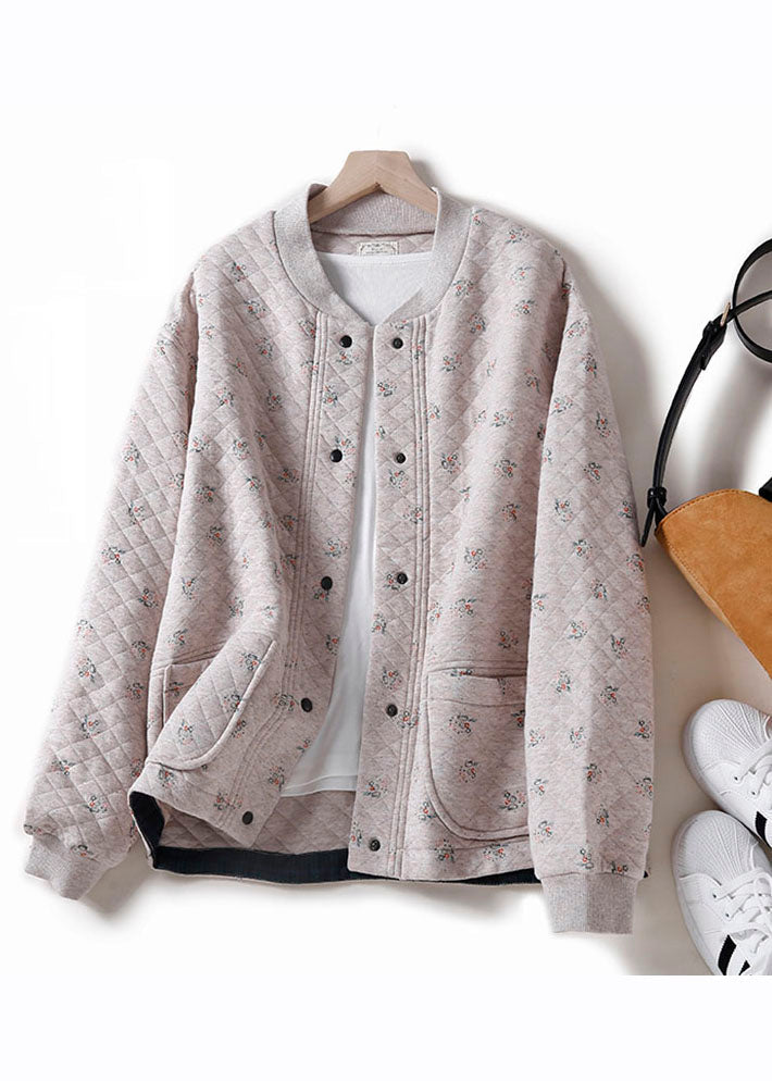 Unique Apricot O-neck Print Button Pockets Thick Cotton Coats Winter
