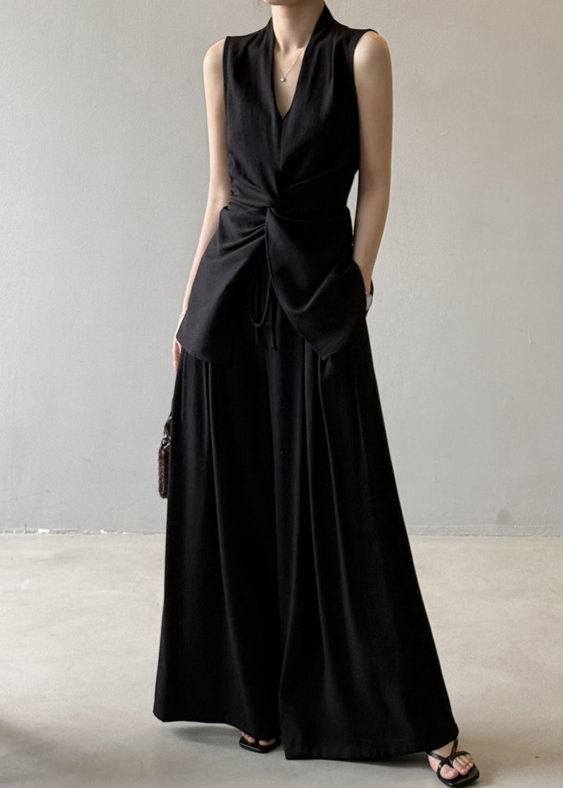 Black Silm Linen Two-piece Set Asymmetrical Wrinkled Sleeveless