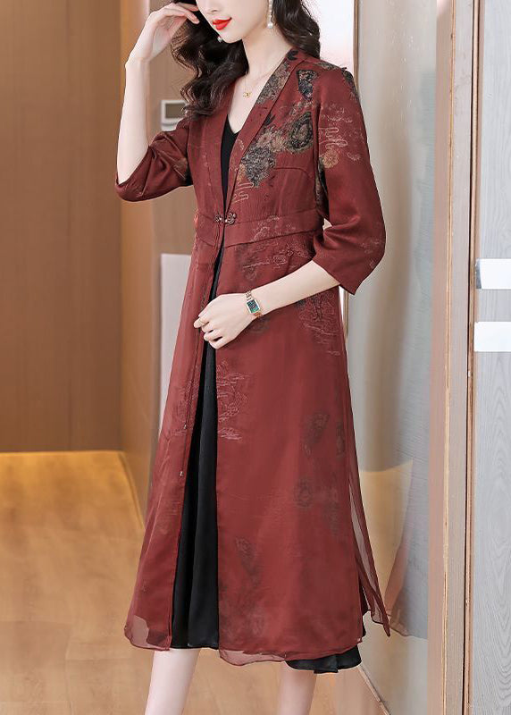 Brick Red Embroideried Silk Cardigans Bracelet Sleeve