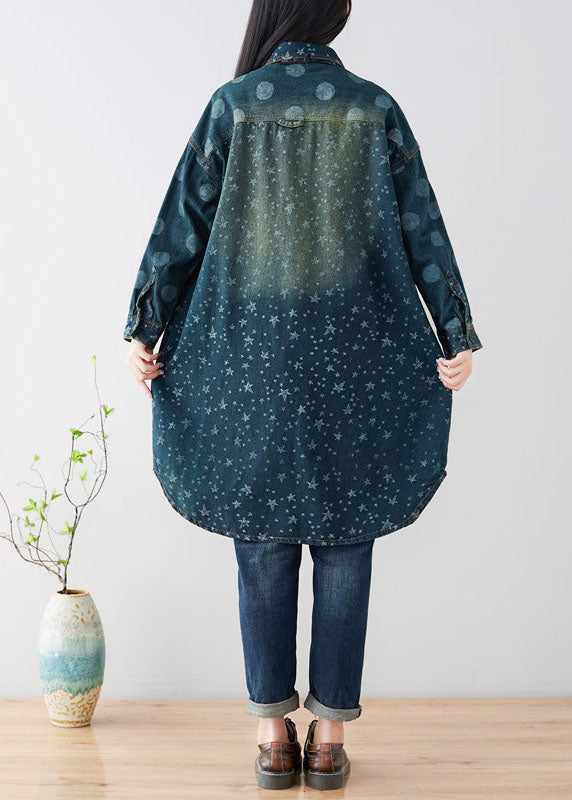 Navy Peter Pan Collar Oversized Print Cotton Trench Coats Spring