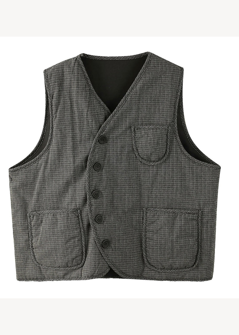 Black V Neck Plaid Pockets Fine Cotton Filled Vest Sleeveless