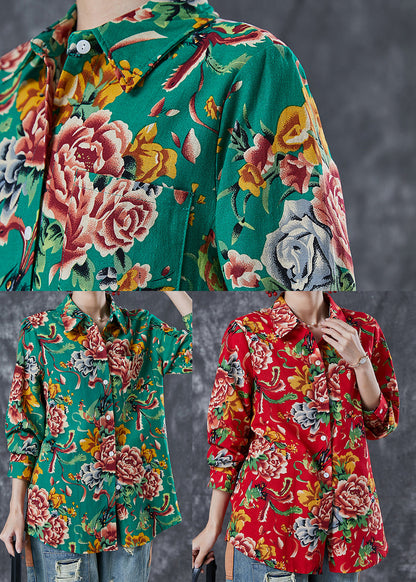 Style Green Print Cotton Shirt Oversized Spring