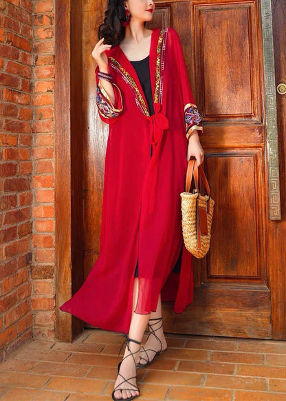 Red Hooded Lace Up Chiffon Long Cardigans Spring