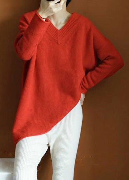 Simple Red Asymmetrical Knit Top Long Sleeve
