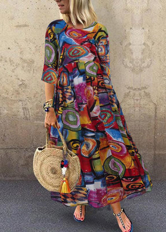 Retro Graffiti Print Round Neck Pleated Maxi Dresses