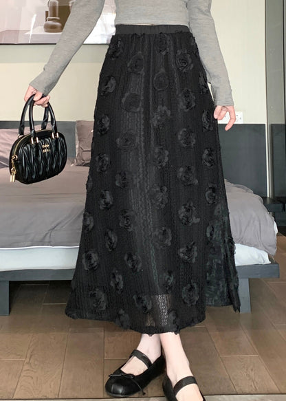 Black Patchwork Cotton Skirt Elastic Waist Spring
