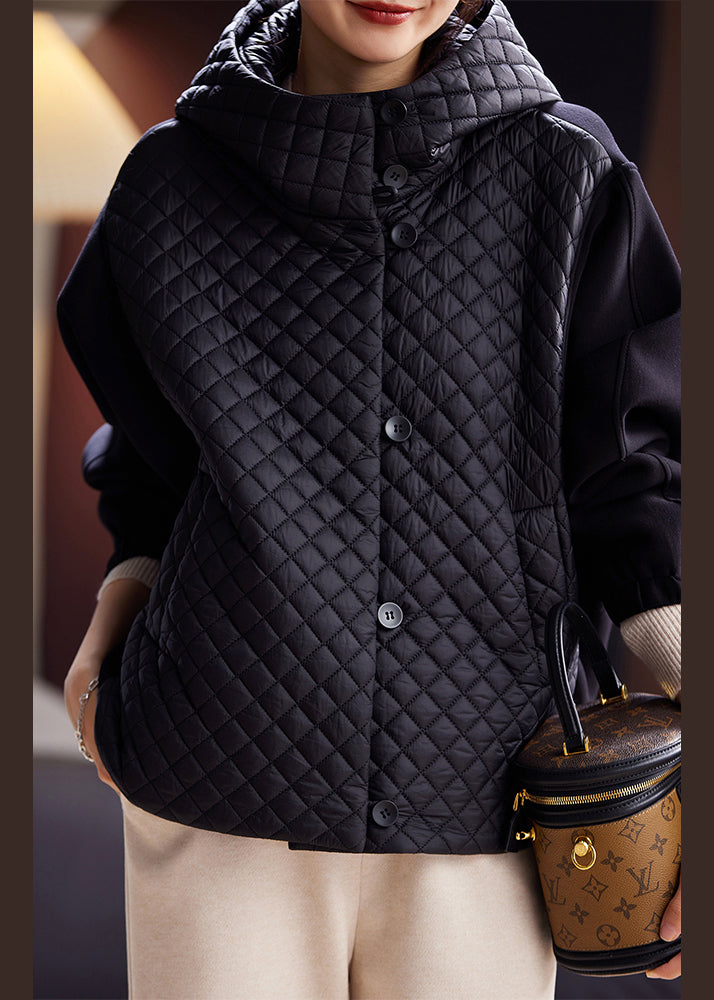 Black Hooded Button Cotton Filled Coats Long Sleeve